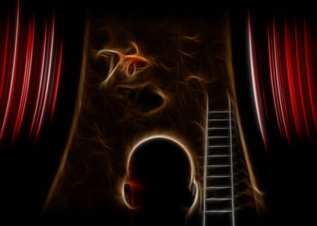 Surrealism. Bald man stands on a stage with ladder and golden fishの写真素材