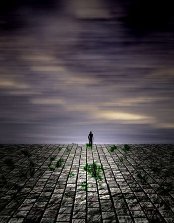 Lonely figure in unreal landscape. 3D renderingの写真素材