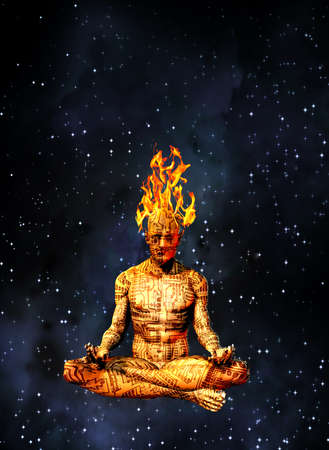 Driod meditation. Cyborg with burning head. 3D renderingの写真素材