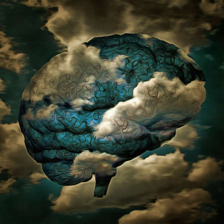 Surreal painting. Brain in the sky. 3D renderingの写真素材
