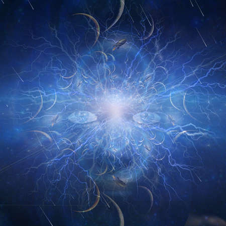 Face in space. Retro rockets and fractal of planets. 3D rendering