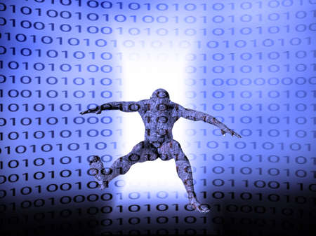 Droid jump. Binary code background. 3D renderingの写真素材