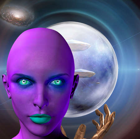 The face of female alien and praying hands. Flying saucers in deep space on a background. 3D...