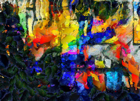 Abstract painting. Green leafs and colorful brush strokes. 3D renderingの写真素材