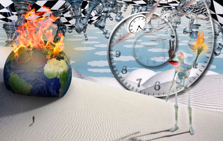 Burning globe, figure of man in a distance. Alien holds flame in his hand. Spiral of time and winged...