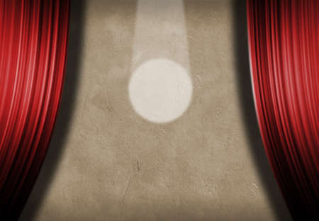 Spot light on a stage wall with red curtains. 3D renderingの写真素材