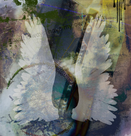 Modern spiritual abstract. Dark grunge background with angels wings. My Truth. 3D renderingの写真素材