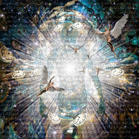 Shining aura and rays of light. Winged clocks represents flow of time. 3D renderingの写真素材