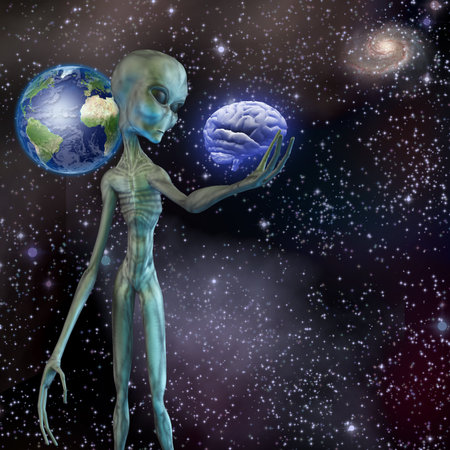 Alien ponders human brain. 3D renderingの写真素材
