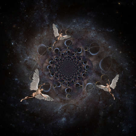 Angels in space vortex. 3D rendering