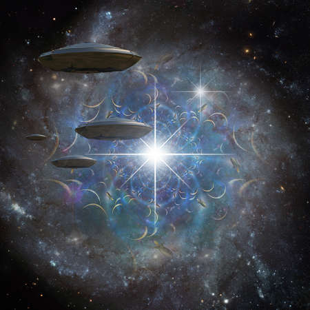 Flying saucers in space portal. 3D rendering