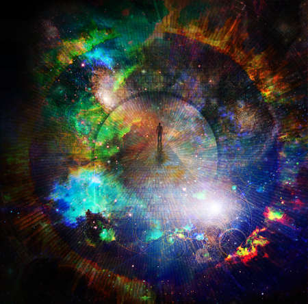 The way to Eternity. Spiritual composition. Man on a stone road in vivid space. 3D rendering