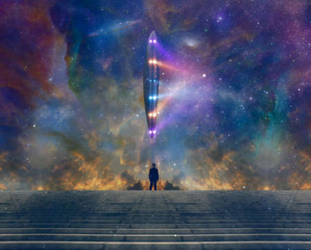 Man sees giant UFO in colorful sky with galaxy and nebula. 3D rendering.
