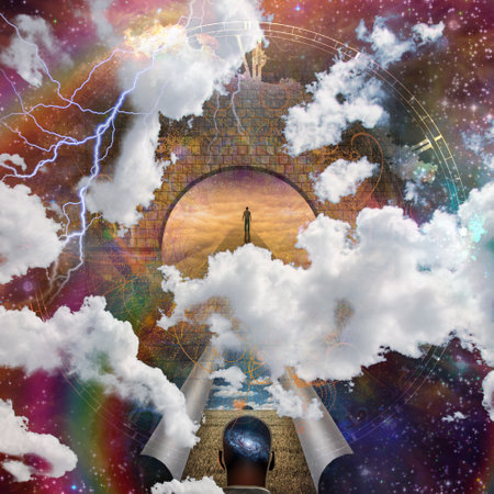 Man on path and doorway with aged clock. Eternal Journey of Soul. 3D renderingの写真素材