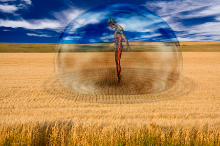 Droid meditation in field of wheat. 3D rendering