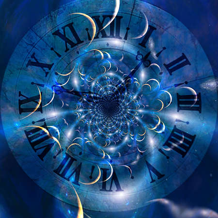 Space clock. Planet fractal. 3d rendering.