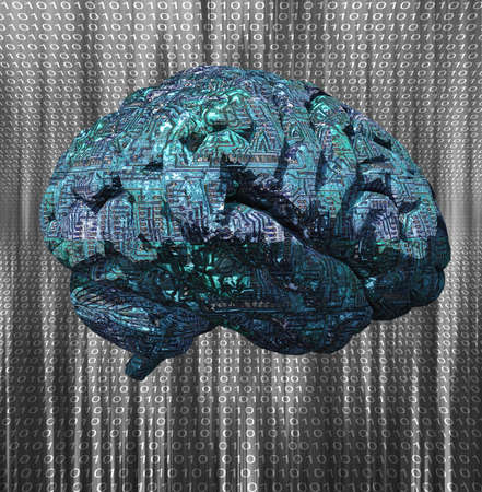 Brain with circuit pattern on binary code background. 3d rendering.の写真素材