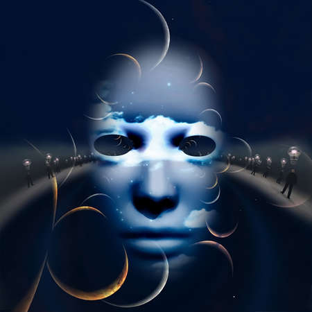 Mystic face and businessmen with ideas. 3D rendering.