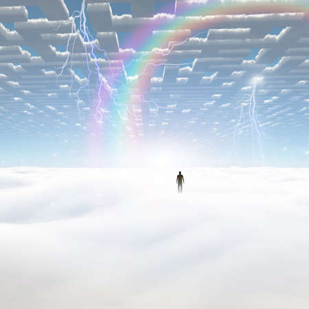 Lonely man in surreal landscape with maze clouds. 3D rendering.の写真素材