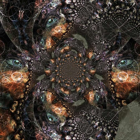 Eye peers out of fracta. Modern digital art. 3D rendering.