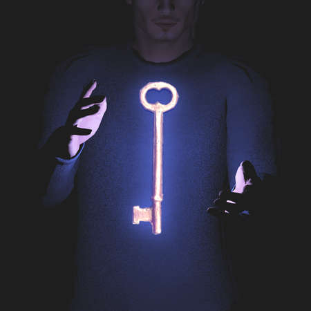 Man with skeleton key between his hands. 3D rendering.の写真素材