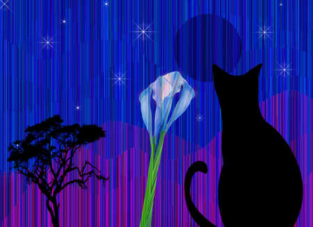Black cat, tree and white flower. 3D rendering.の写真素材
