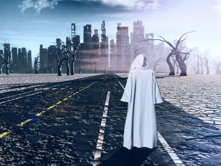 Traveler standing before destroyed city. Apocalyptic scene. 3D renderingの写真素材