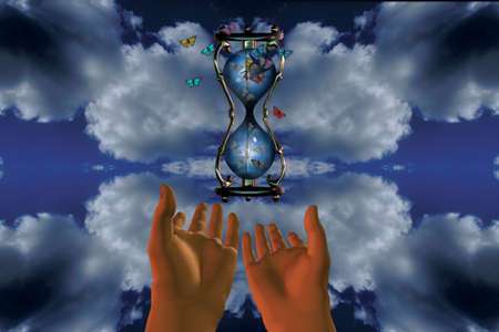 Free your imagination. Butterflies fly out of broken hourglass. 3D rendering.