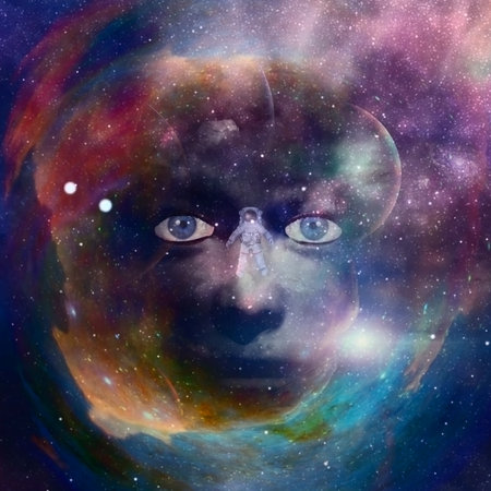 Astronaut hovers before mystic face. 3D renderingの写真素材