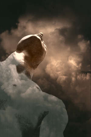 Stone statue under dramatic sky. Sepia toned image. 3D rendering.の写真素材