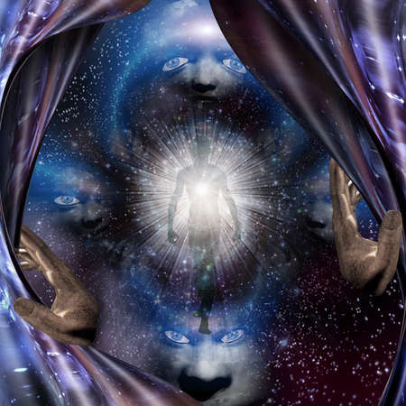 Soul or aura emerges from vivid space. 3D rendering.の写真素材