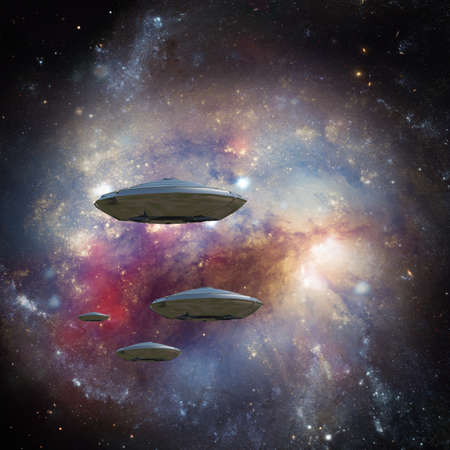 Alien fleet in vivid space. 3D rendering.の写真素材