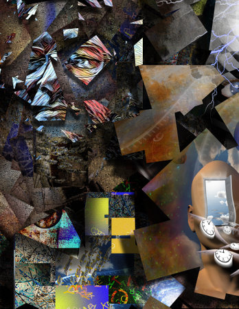 Surreal consciousness. Abstract elements. Flow of time. 3D rendering.の写真素材