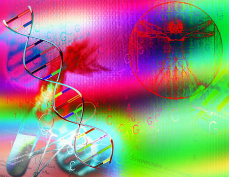 DNA strand, test tube and scissors. Vitruvian Man and seamless binary code. Genetic research...