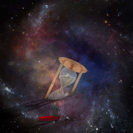 Journey in space. Man sails in vivid space in upturned umbrella. Hourglass in the sky. 3D rendering.