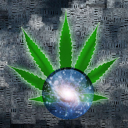 Marijuana leaf. Glass ball with galaxy within. 3D rendering.の写真素材