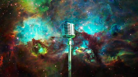 Vintage microphone in vivid space. 3D rendering.の写真素材