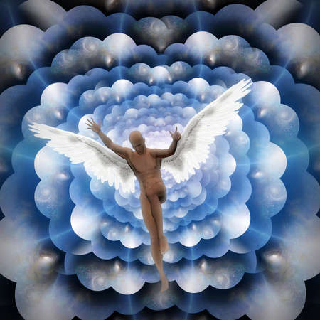 Surrealism. Man with wings represents angel. Multi layered space represents endless dimensions. 3D renderingの写真素材