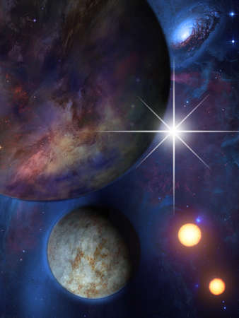 Planets and suns in deep space. 3D rendering