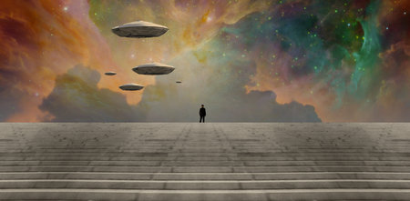 Man in black suit and flying saucers. 3D rendering