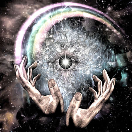 Surreal painting. Eye of God in the universe. Hands of prayer. 3D renderingの写真素材