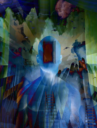 Door to mind - Portal. Surreal art. 3D rendering