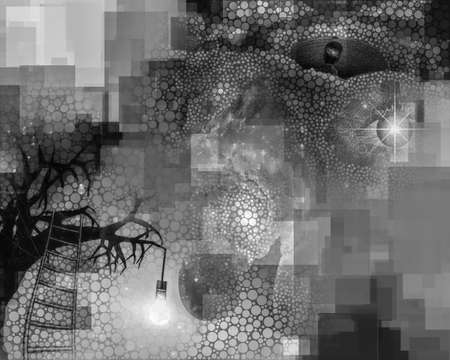 Tree with hanging light bulb. Man with galaxy mind and floating flaming eye with rectangular shapes...