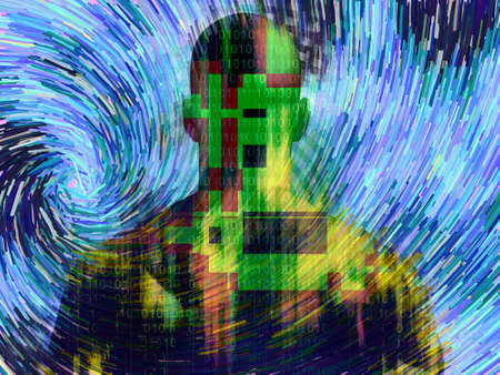 Binary code streaming and man. 3D renderingの写真素材