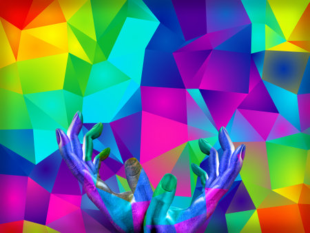 Human's hands on a kaleidoscope colorful background. 3D renderingの写真素材