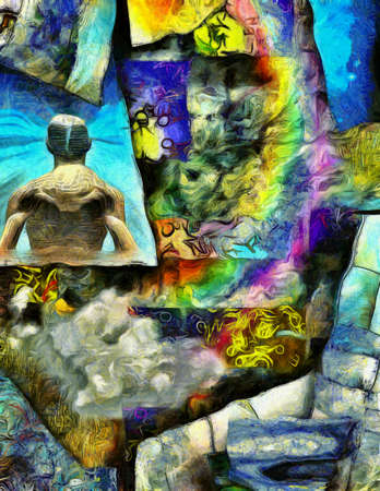 Colorful abstract painting. Brush strokes and geometric elementS. 3D renderingの写真素材