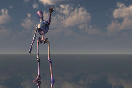 Alien droid in surreal landscape. 3D renderingの写真素材