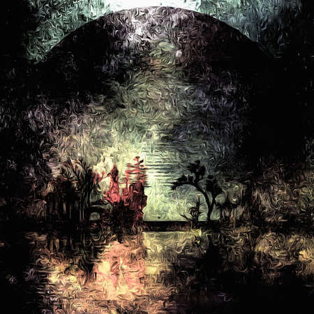 Asian night silhouettes. 3D renderingの写真素材