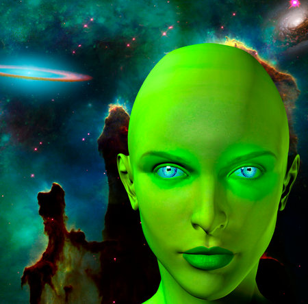 The face of female alien. Colorful universe on a background. 3D rendering