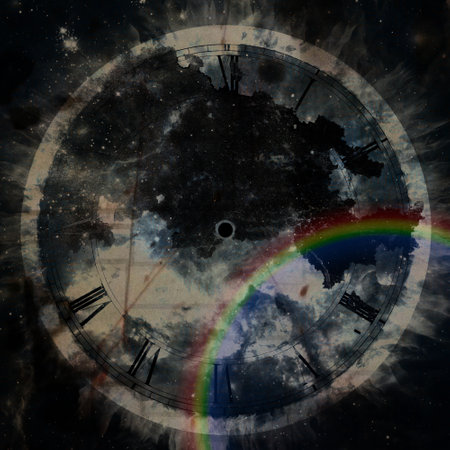 Ancient clockface and rainbow. 3D rendering